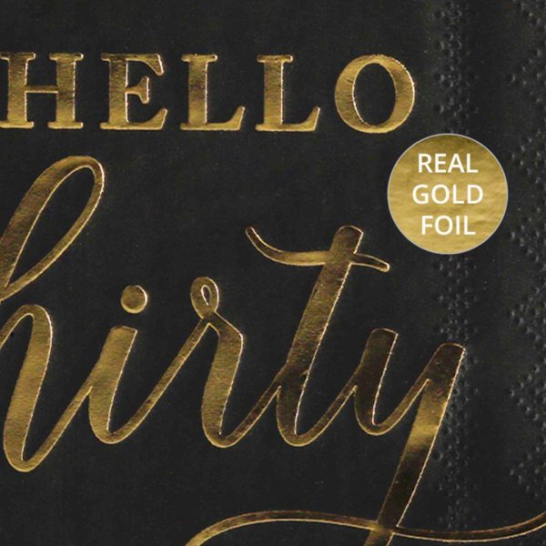 Black with Real Gold Foil Scripted Hello Thirty Cocktail Napkins Cheap - Image 4