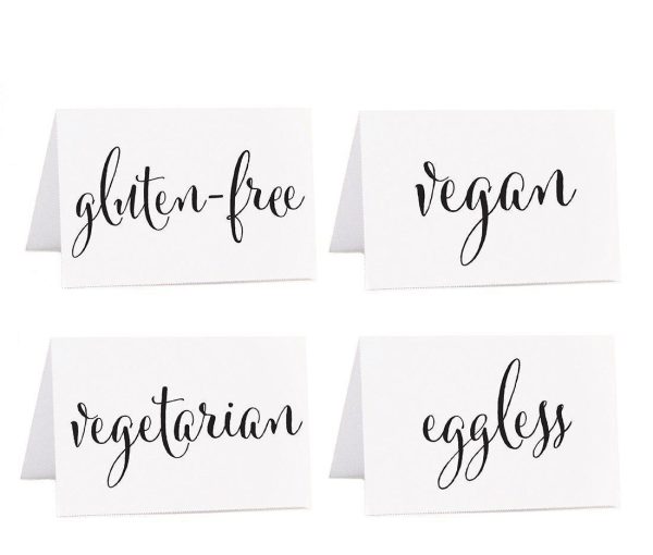 Food Station Buffet Menu Place Cards, Formal Black & White For Sale