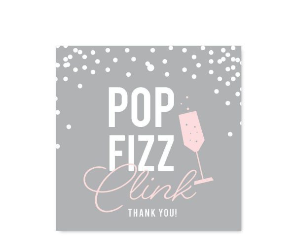 Pink Blush and Gray Pop Fizz Clink Wedding Square Gift Tags, Pop Fizz Clink Thank You For Cheap