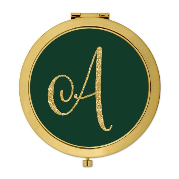 Andaz Press Emerald Green Gold Glitter Monogram Gold 2.75 inch Round Compact Mirror Discount