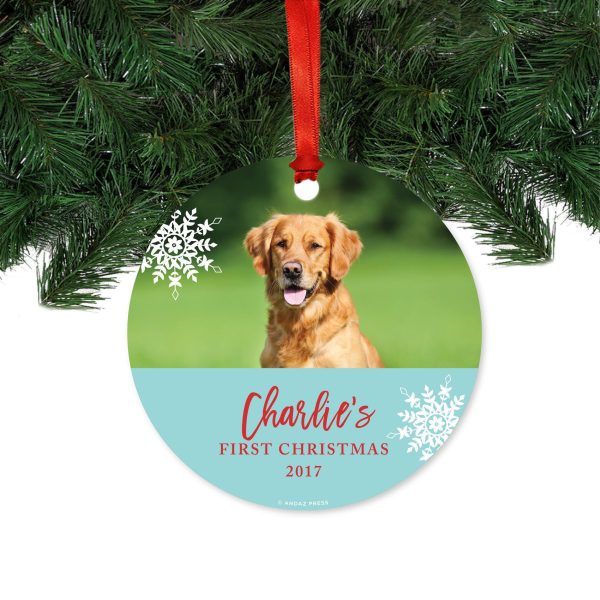 Photo Personalized Aqua & Red Animal Round Metal Christmas Ornament, Custom Name Online Hot Sale
