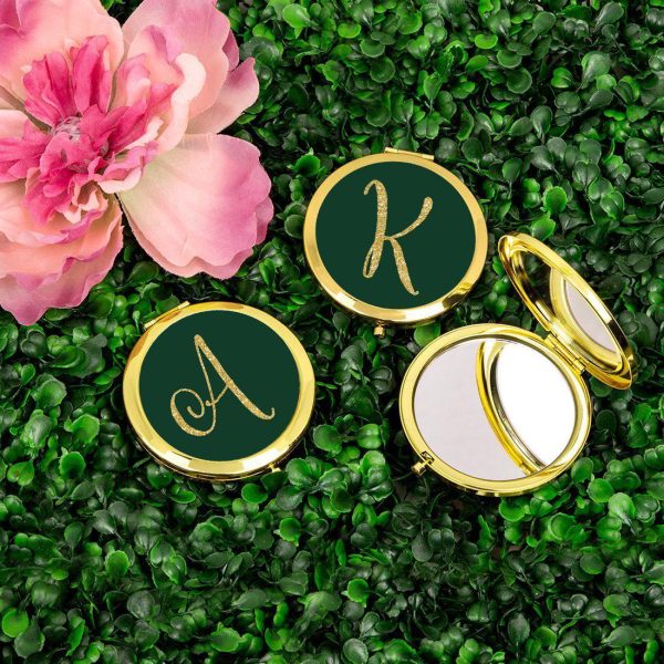 Andaz Press Emerald Green Gold Glitter Monogram Gold 2.75 inch Round Compact Mirror Discount - Image 2