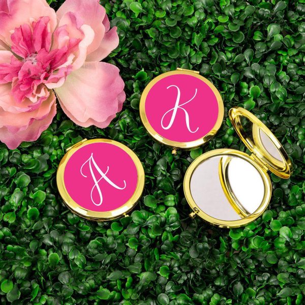 Andaz Press Fuchsia Hot Pink Monogram Gold 2.75 inch Round Compact Mirror Supply - Image 2